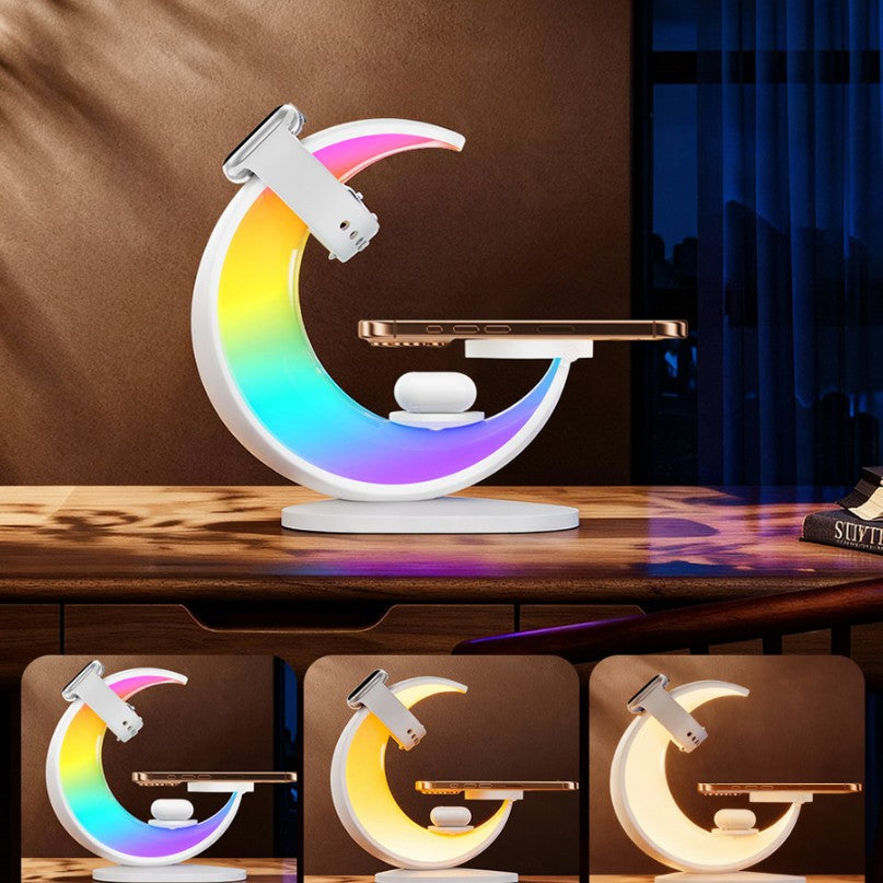 Luna Dock moon lamp wireless charger glowing on a desk