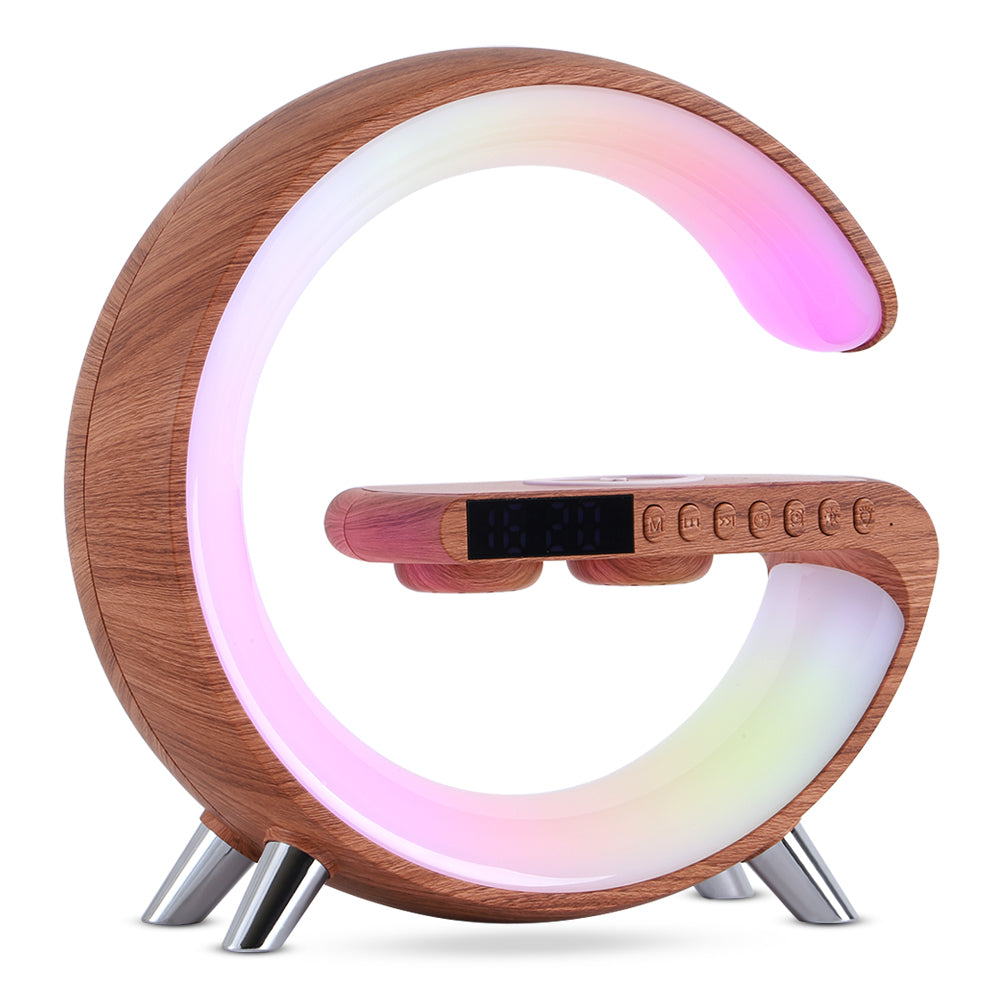 Aura G G-shaped lamp in wood color with pink glow