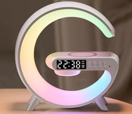 Aura G white G-shaped lamp with soft RGB glow and clock display