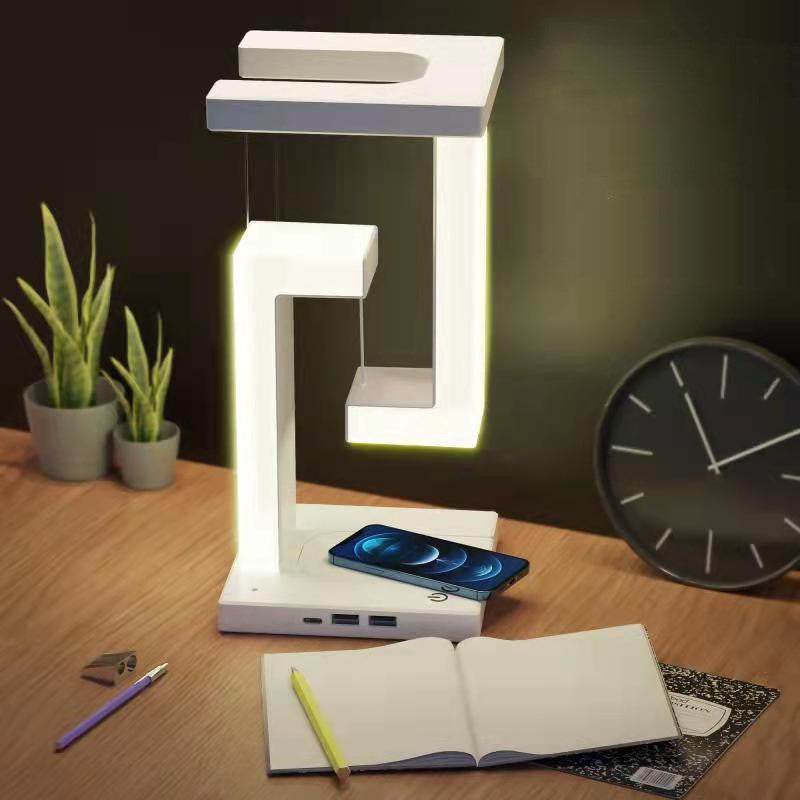 Levitate floating lamp with light bar suspended in mid-air on bedside table